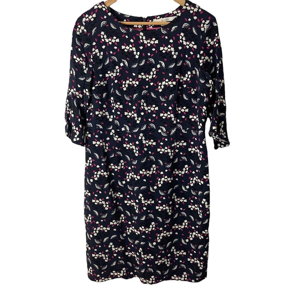 Boden Navy Blue Floral 3/4 Flare Sleeve Sheath Dress Size 10P Petite